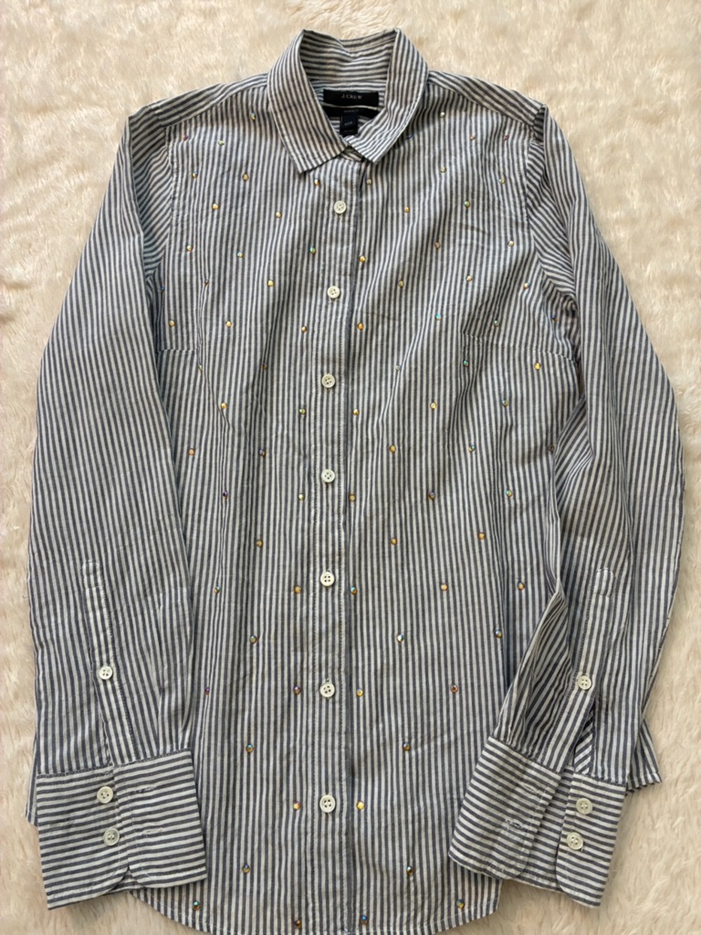 J. Crew Gray and White Striped Button-Down with Multicolor Embroidered Dots